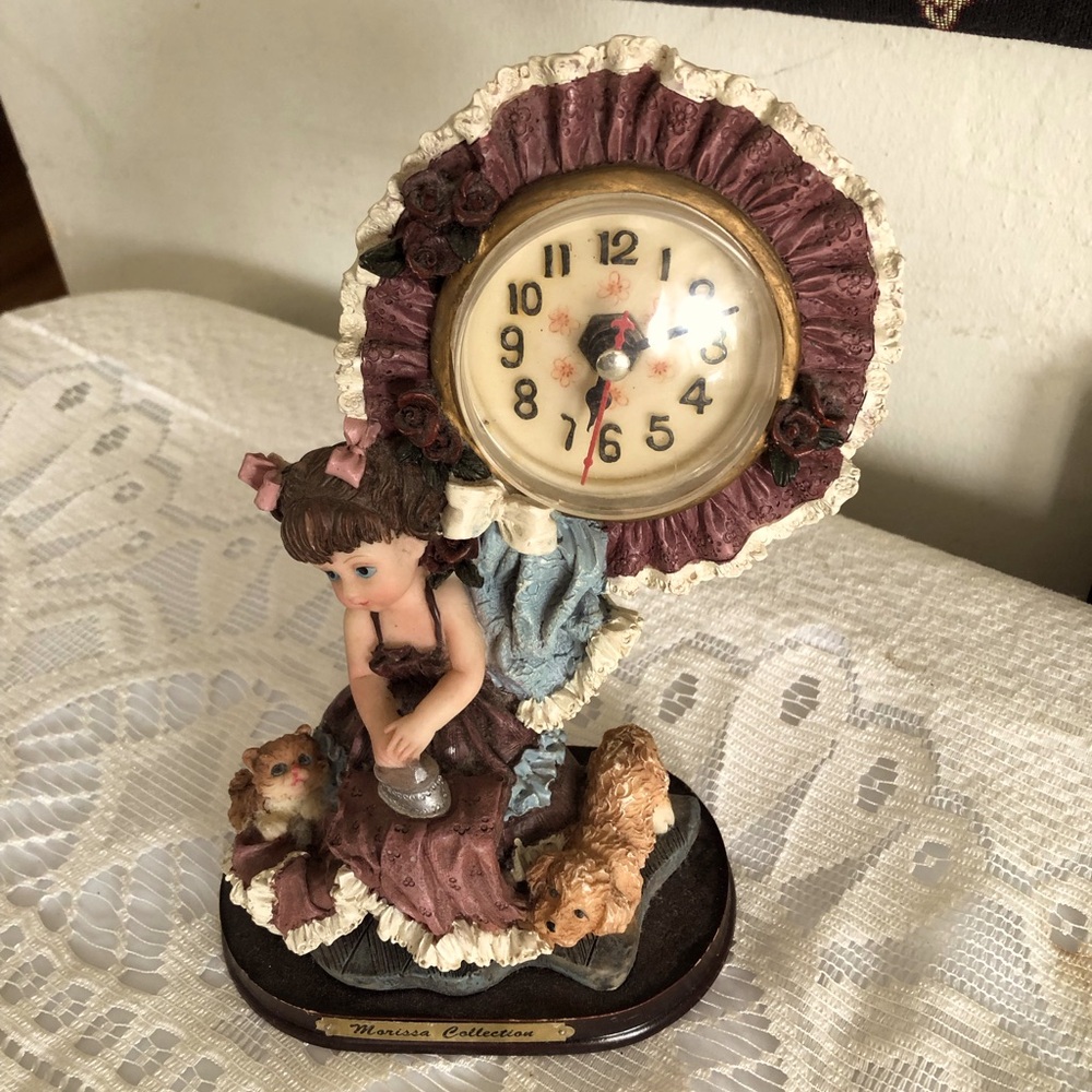 Charming Figurine Standing Clock Dressed Girl in Purple with Cat & Pup